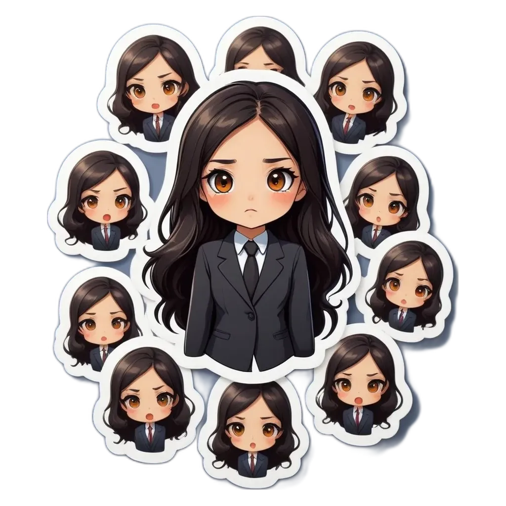 A series of stickers of a girl in a suit and tie.