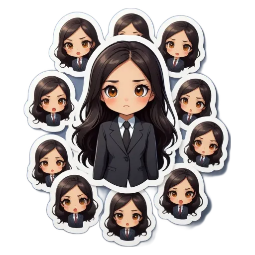A series of stickers of a girl in a suit and tie.