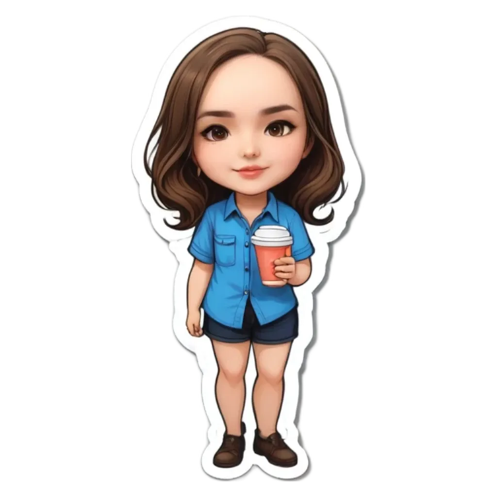 A girl wearing a blue shirt is holding a coffee cup.