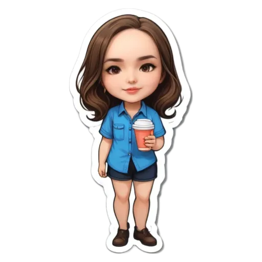 A girl wearing a blue shirt is holding a coffee cup.
