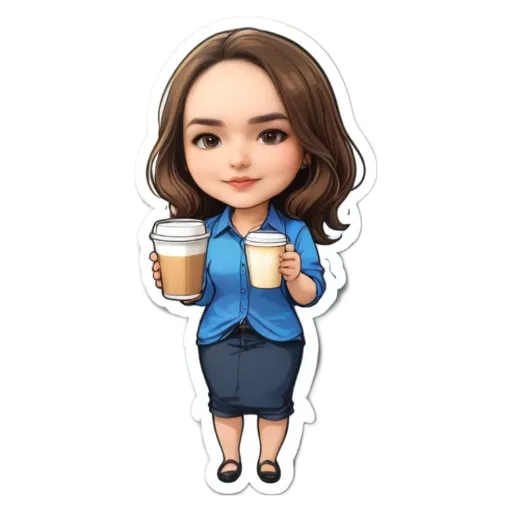 A cartoon woman holding two cups of coffee.