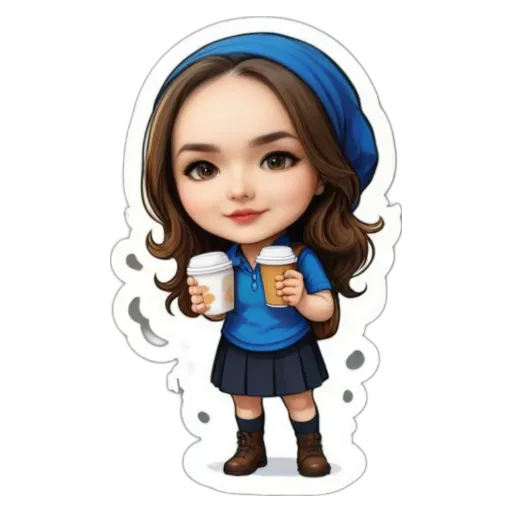 A girl with two cups of coffee, one in each hand.