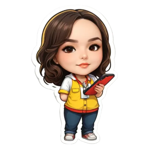 A cartoon girl holding a cell phone.