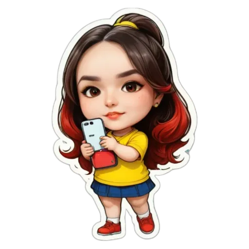 A girl holding a cell phone with a sticker that looks like her.