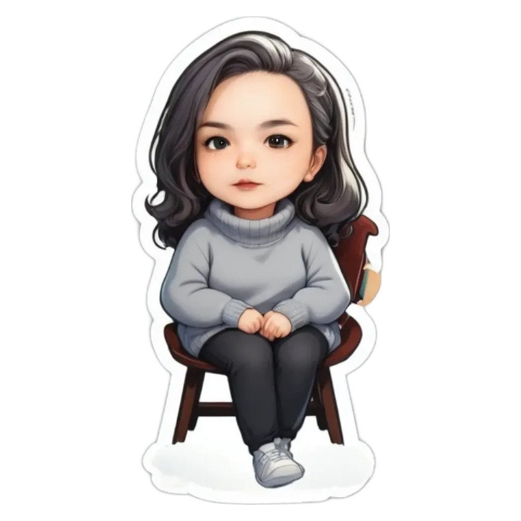 A girl is sitting in a chair in a cartoon style picture.