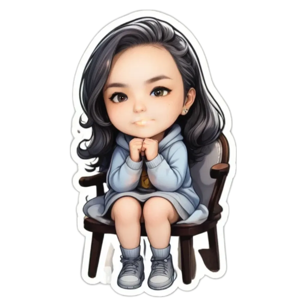 A girl is sitting on a chair in a cartoon girl picture.