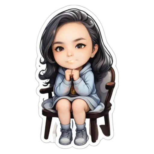 A girl is sitting on a chair in a cartoon girl picture.