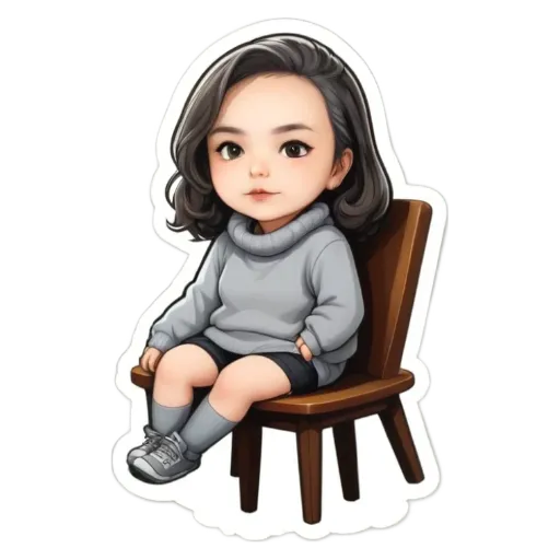 A girl is sitting on a chair in a cartoon style picture.