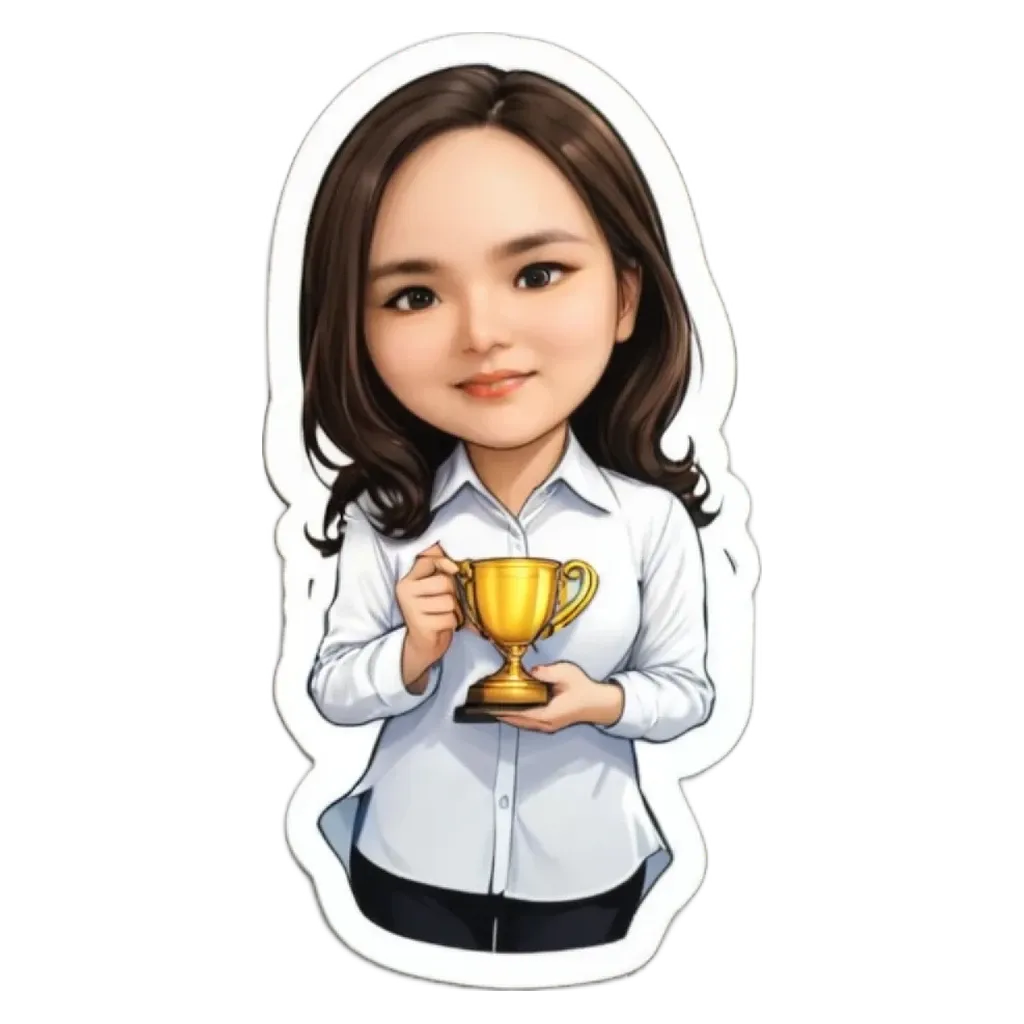 A cartoon woman is holding a trophy, the trophy is gold.
