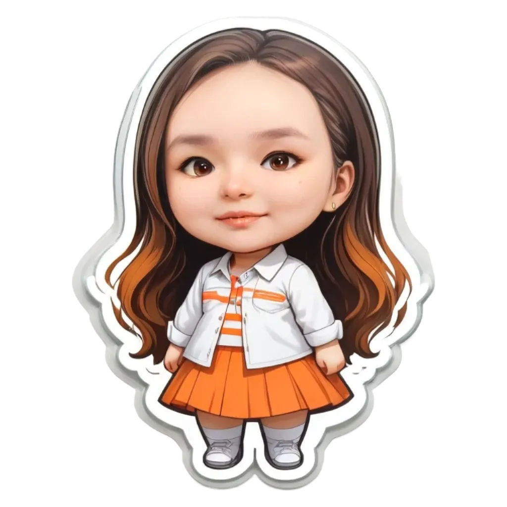 A cartoon girl with an orange and white dress.