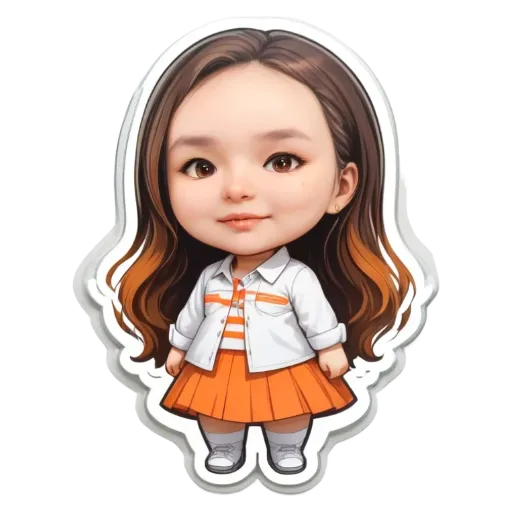 A cartoon girl with an orange and white dress.