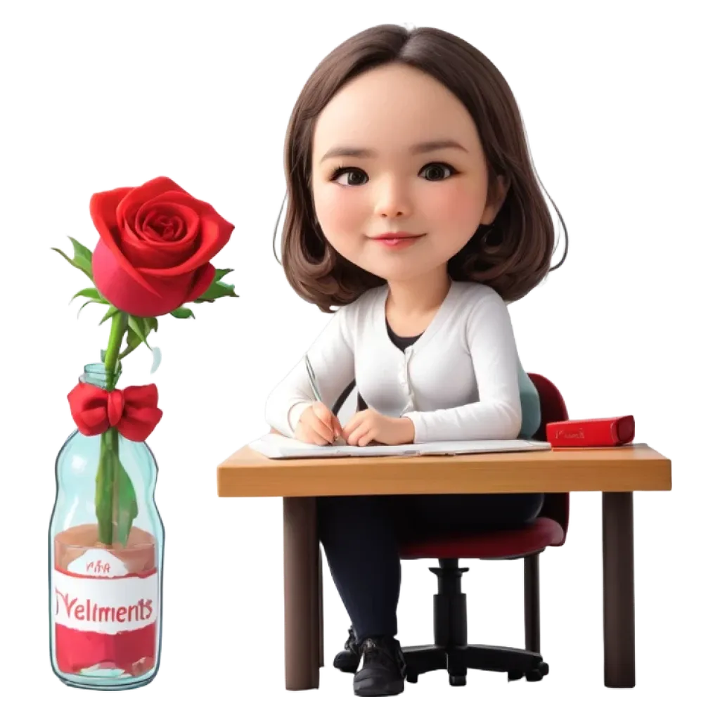 A girl writing at a desk next to a bottle of condiments.