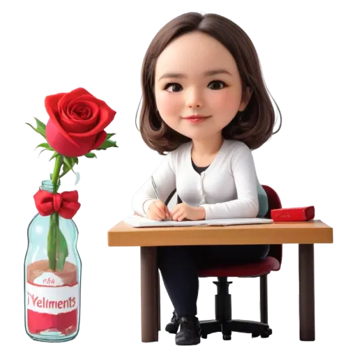 A girl writing at a desk next to a bottle of condiments.