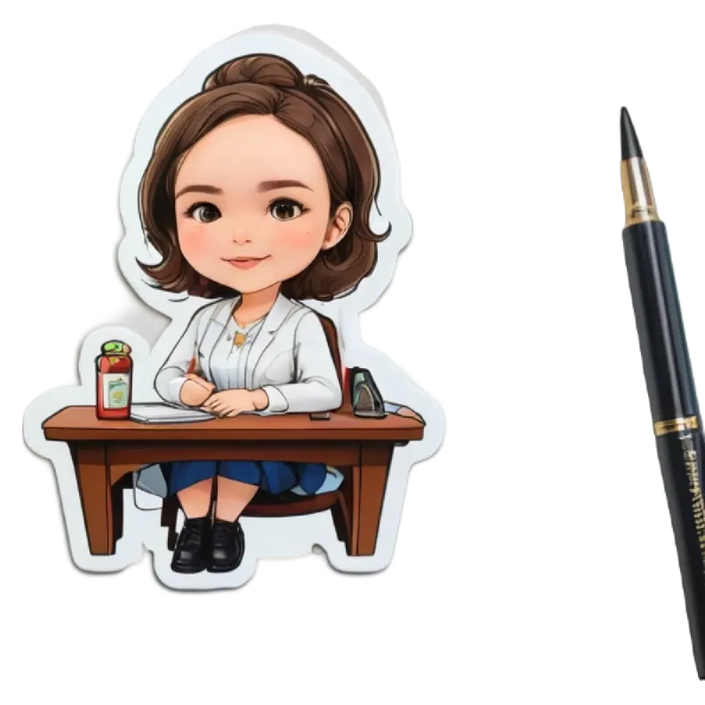 A character from a sticker is sitting at a desk with a pen.