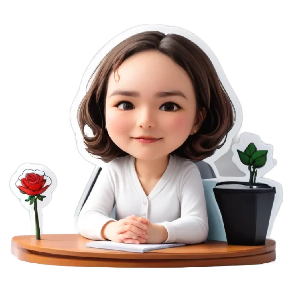A cartoon woman sitting at a desk with a potted plant.