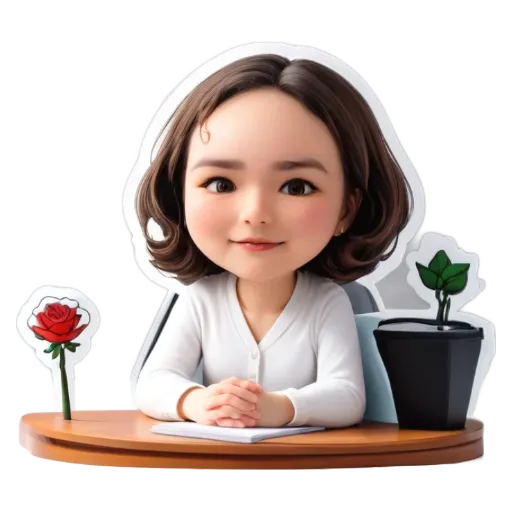 A cartoon woman sitting at a desk with a potted plant.