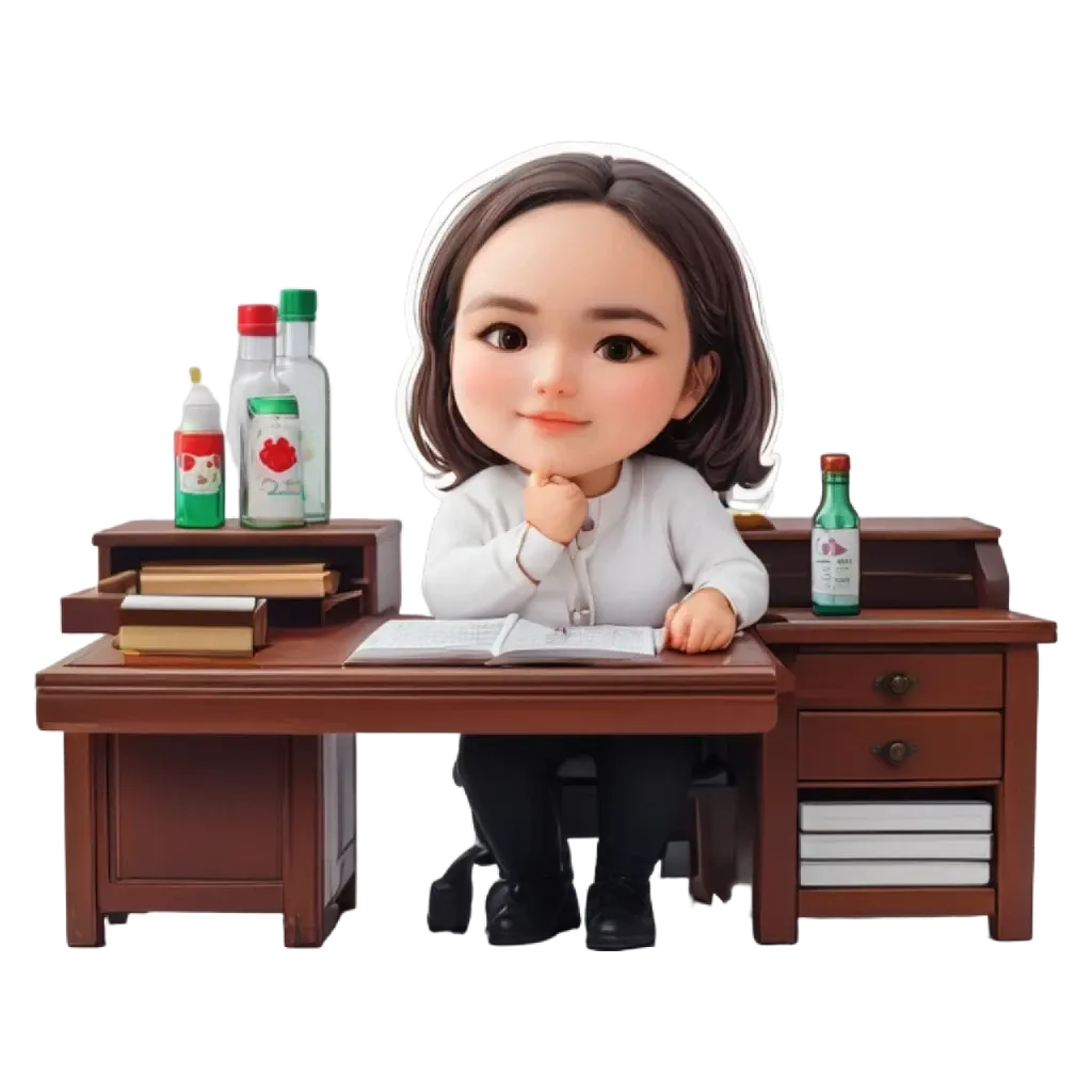 A cartoon drawing of a girl sitting at a desk.