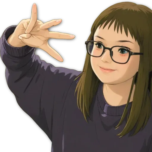 A girl wearing glasses and a purple sweater holding up five fingers.