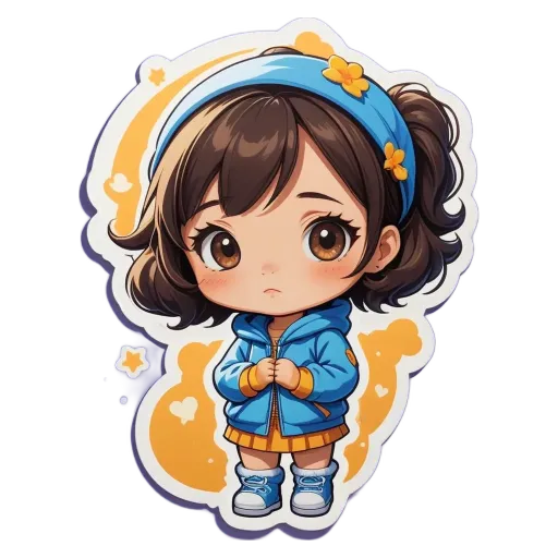 A girl wearing a blue jacket with yellow stars on it.