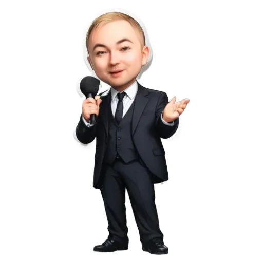 A cartoon depiction of a man with a microphone wearing a tuxedo.