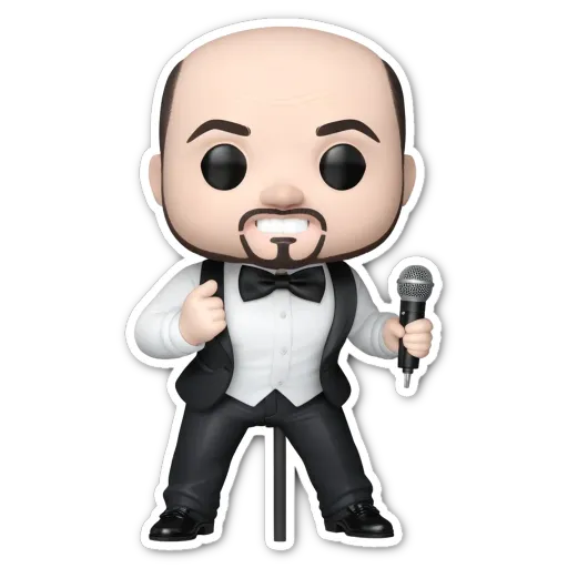 A very brief description of a figure holding a microphone and wearing a tuxedo.