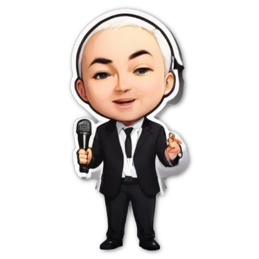 A cartoon depiction of a man wearing a tuxedo and tie holding a microphone.