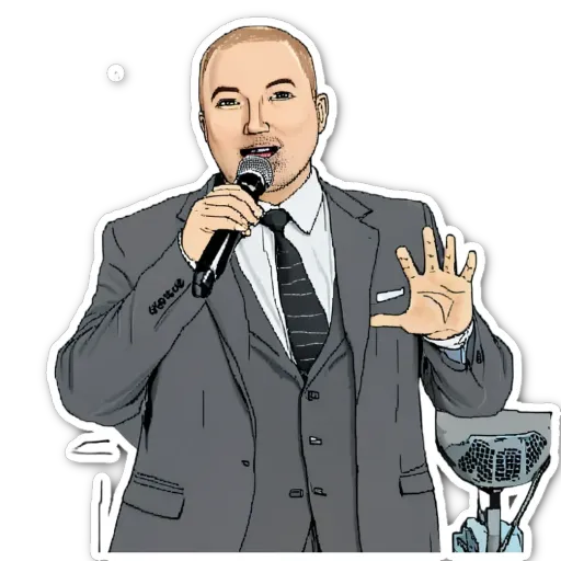 A man wearing a suit and tie is holding a microphone.