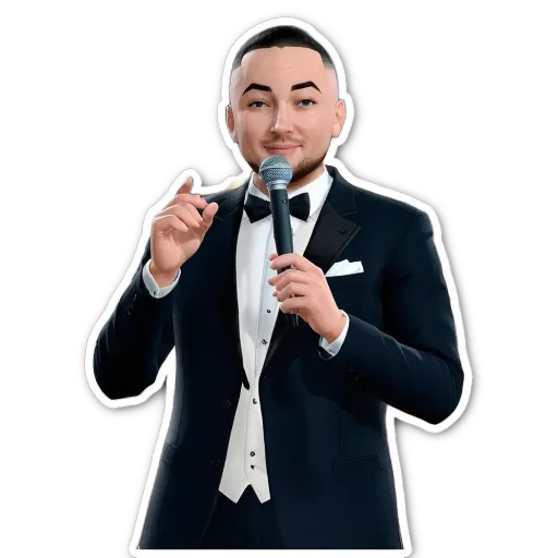 A young man in a tuxedo holding a microphone.