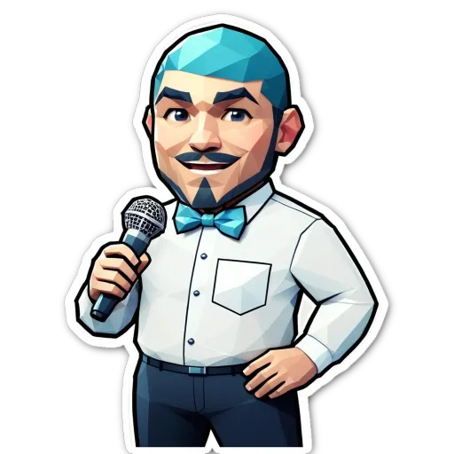 A man with a microphone is wearing a white shirt and blue hair.