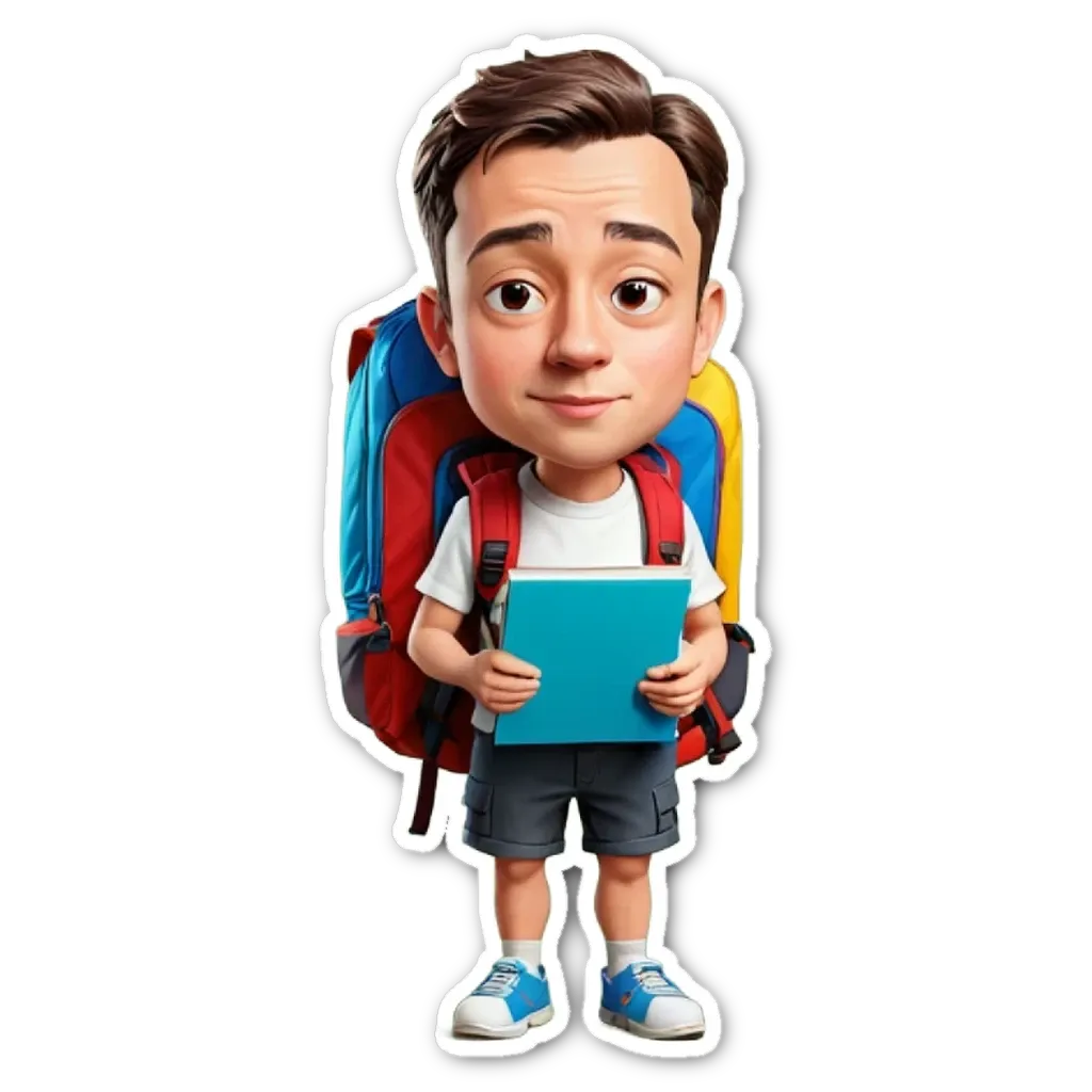 A boy is standing with a backpack and a book.