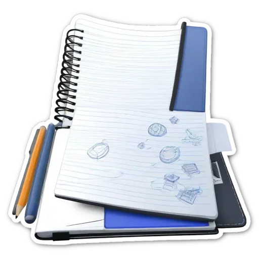 A spiral notepad with drawings and a pencil on it.