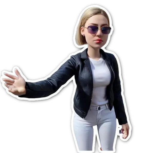 A sticker of a woman wearing a black jacket and white shirt.