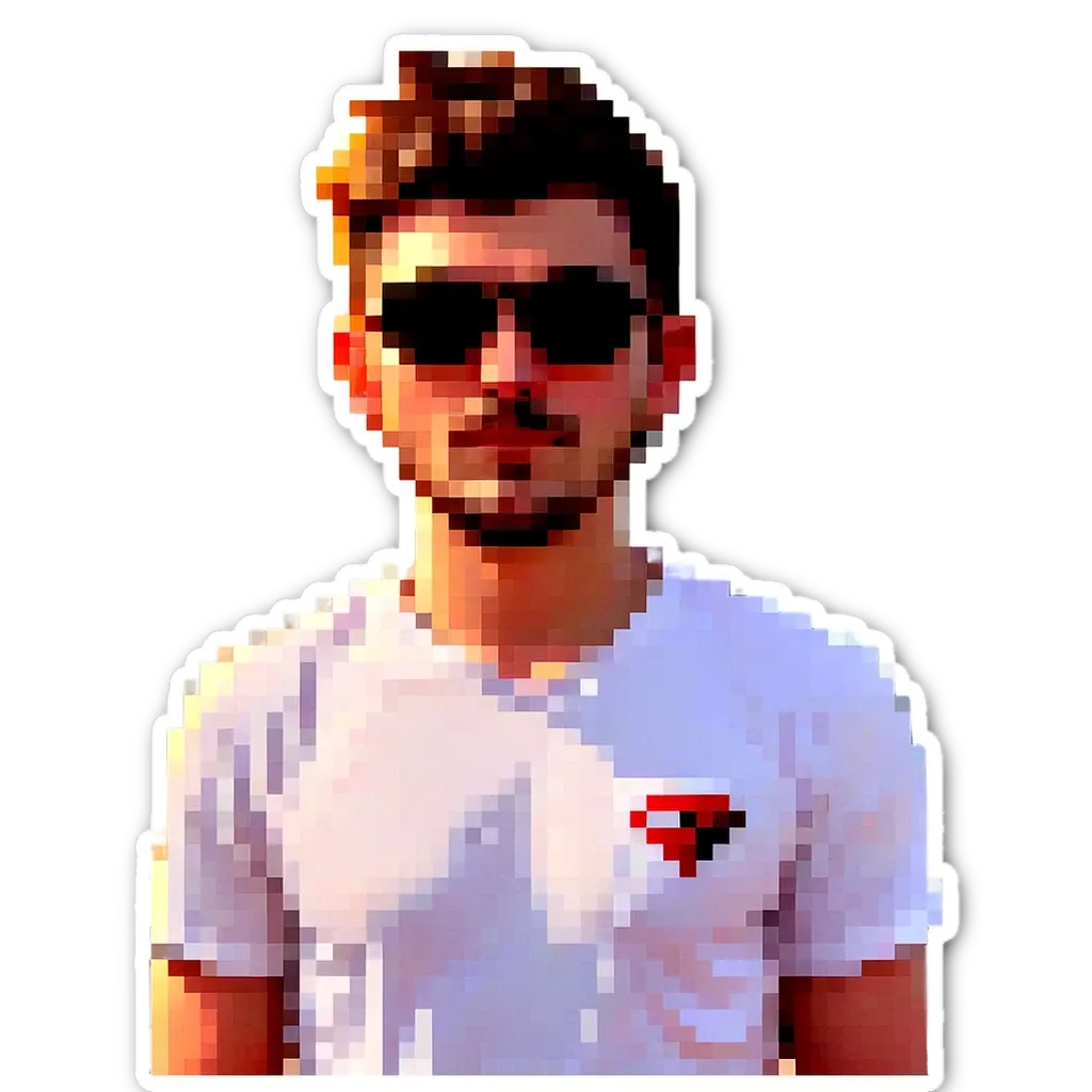 A young man wearing sunglasses and a white shirt with a red triangle on it.
