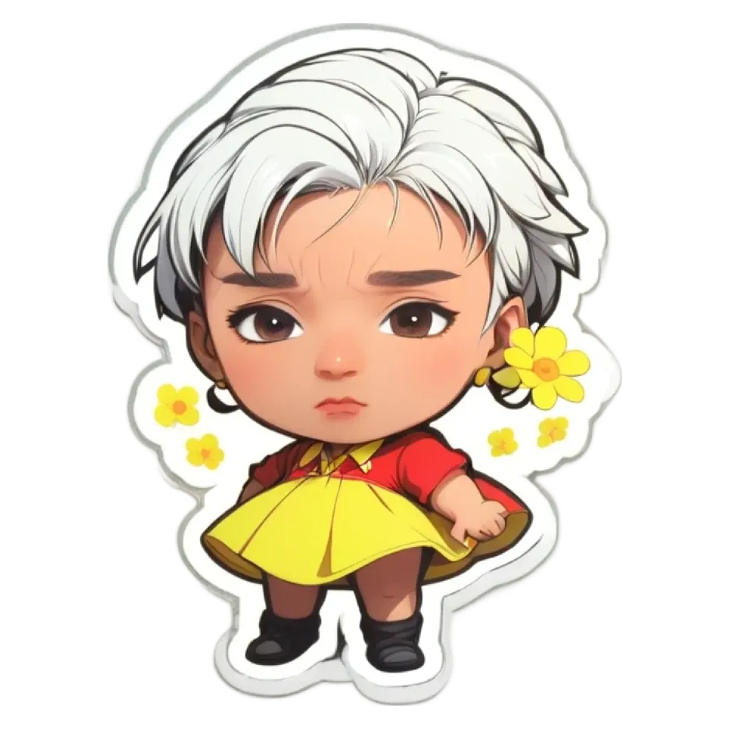 A girl with white hair and a yellow dress.