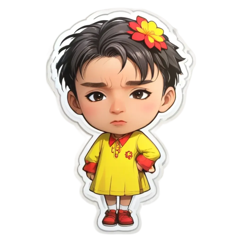 A girl is wearing a yellow dress and a flower is on her head.