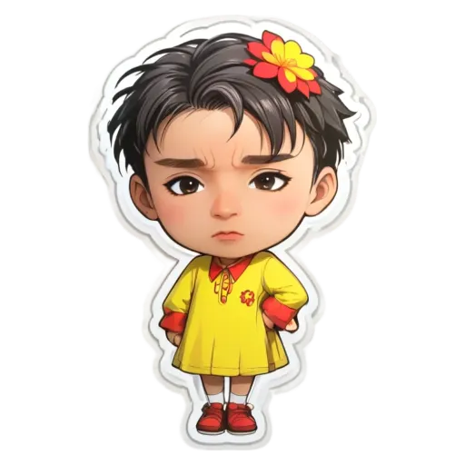 A girl is wearing a yellow dress and a flower is on her head.