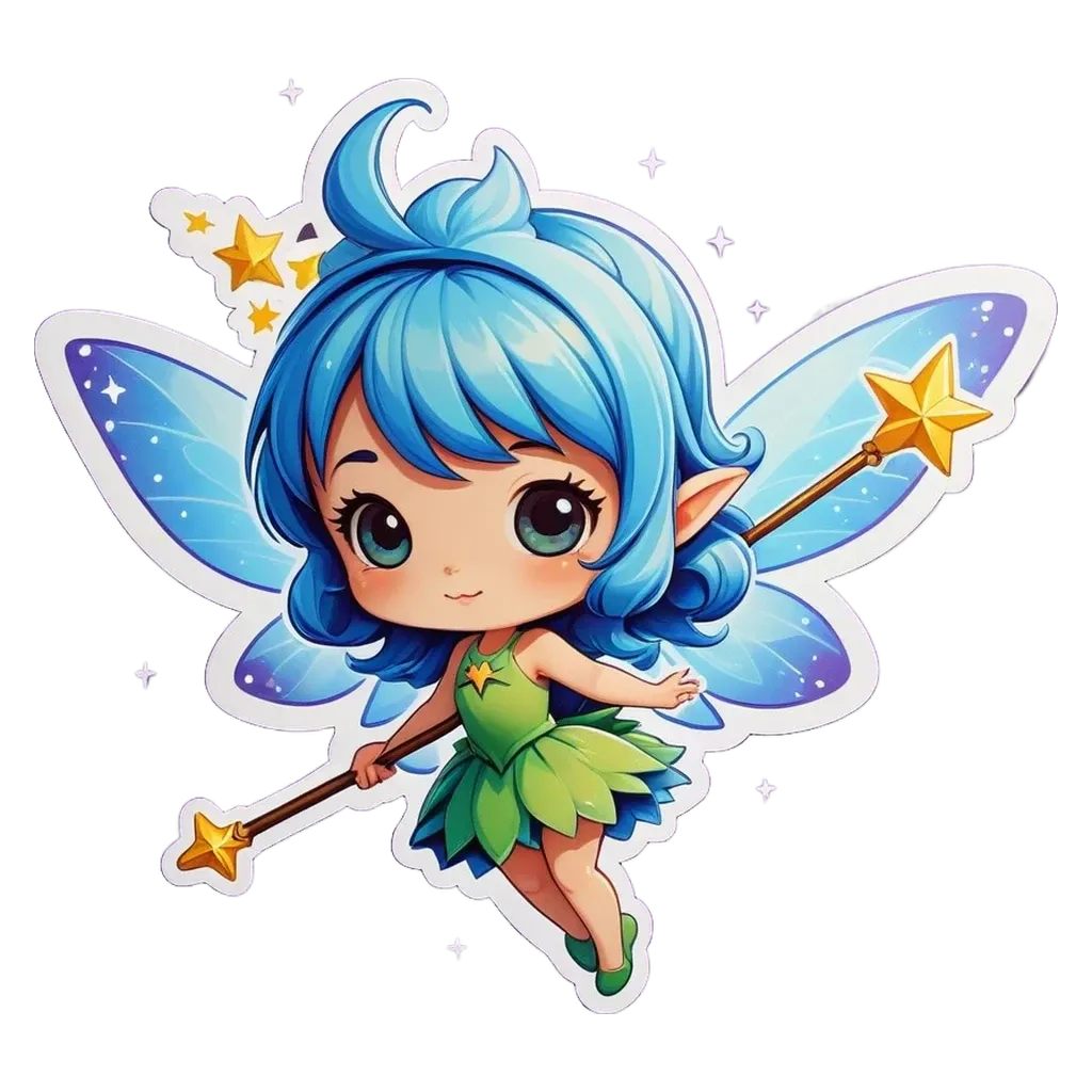 A blue fairy with a staff and stars and hearts.