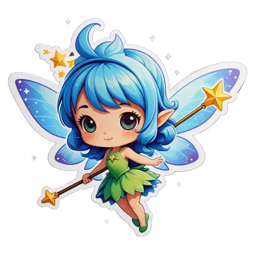 A blue fairy with a staff and stars and hearts.
