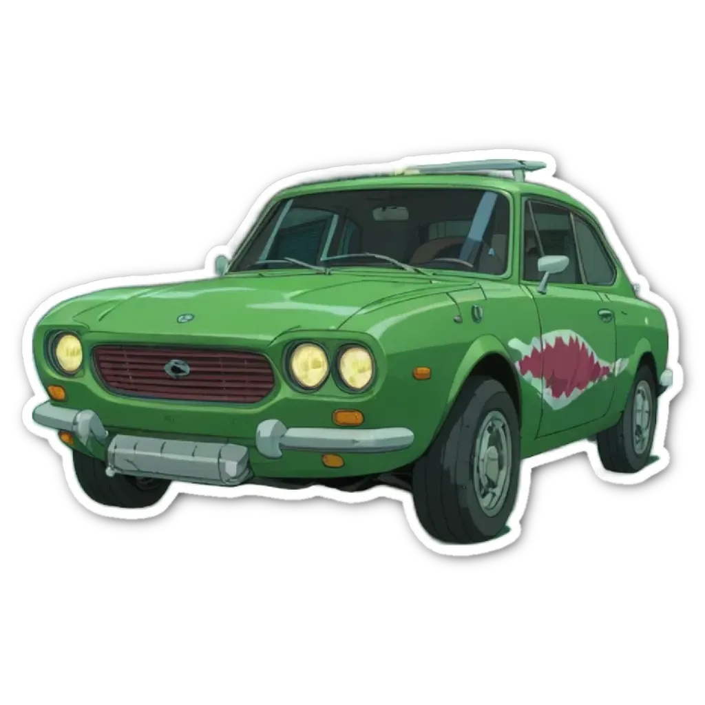 A green car with a shark on the side is shown.