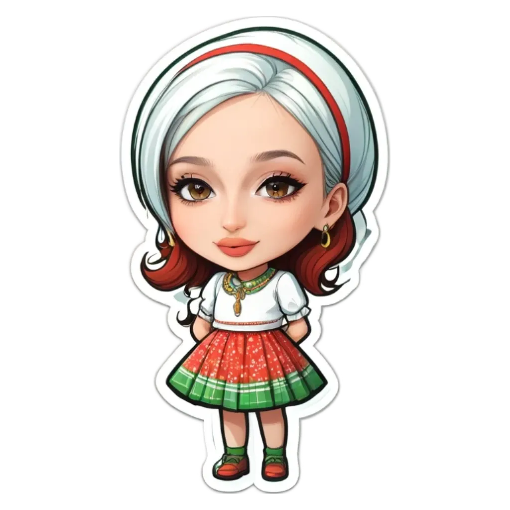 A girl with a red and green dress is standing on a black and white background.