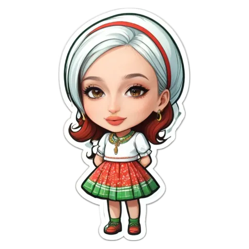 A girl with a red and green dress is standing on a black and white background.