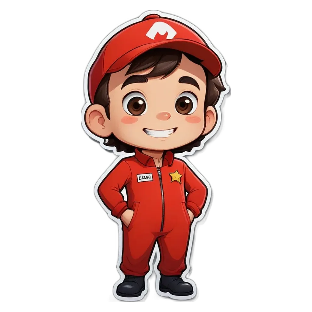 A boy wearing a red jumpsuit with a Mario character on it.