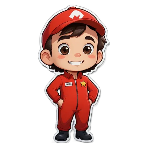 A boy wearing a red jumpsuit with a Mario character on it.