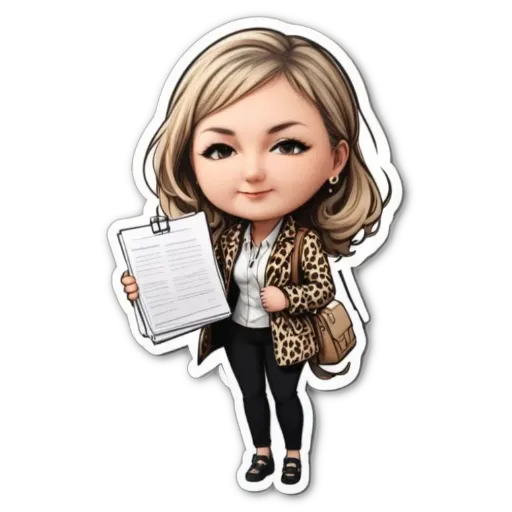 A cartoon woman holding a clipboard.