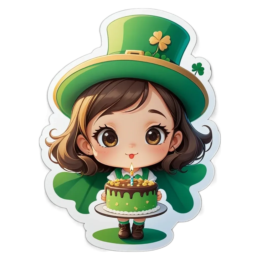 A girl with a birthday cake is wearing a green hat and vest.
