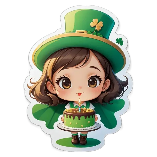 A girl with a birthday cake is wearing a green hat and vest.