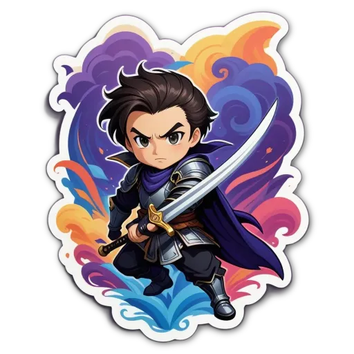 A boy with a sword that is on a black background.