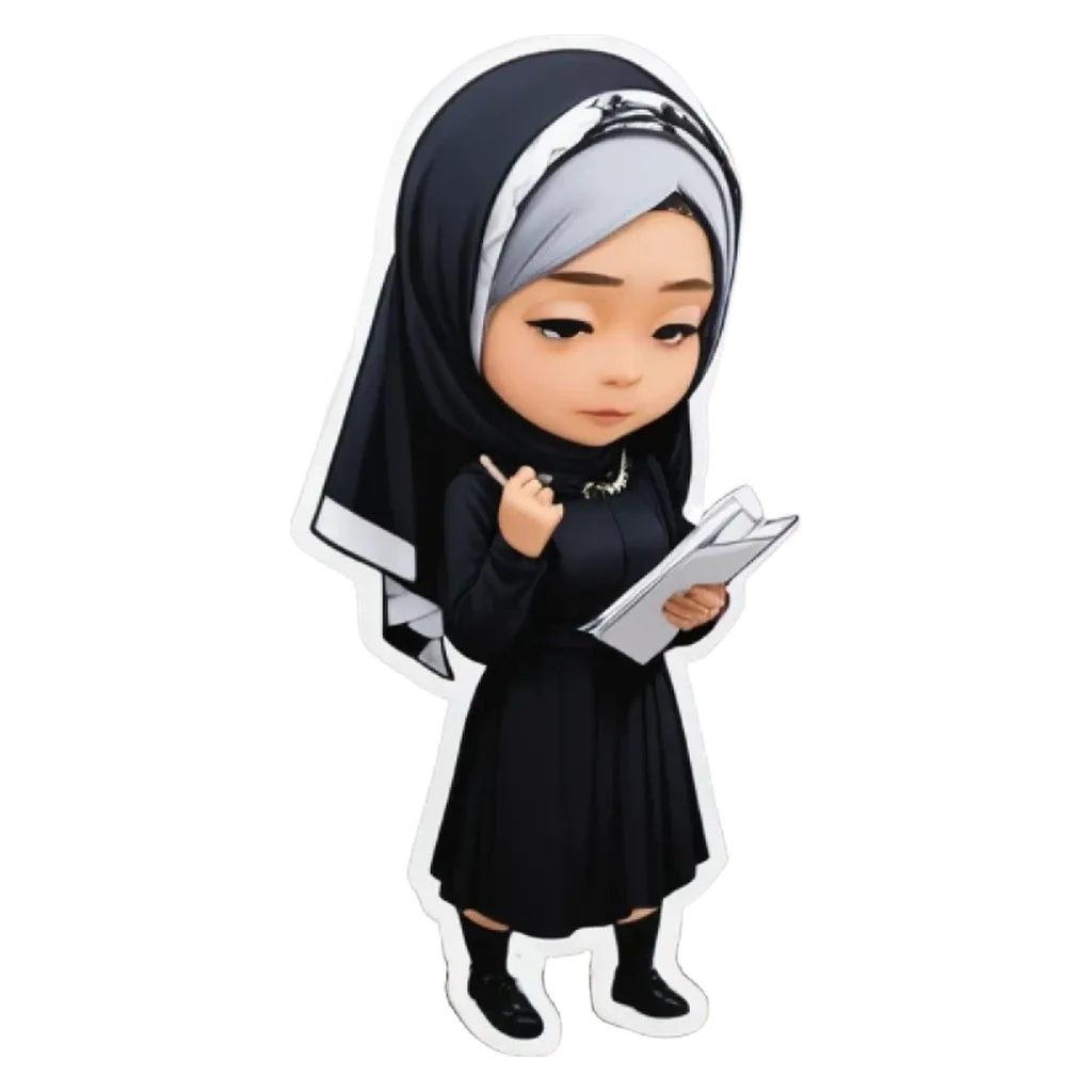 A sticker of a nun reading a book that is black and white.