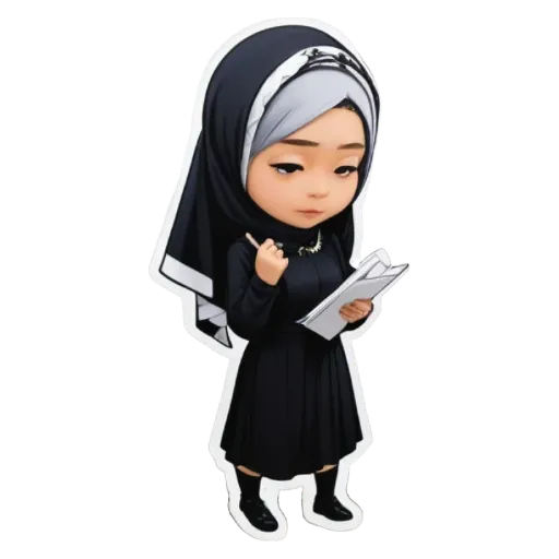 A sticker of a nun reading a book that is black and white.