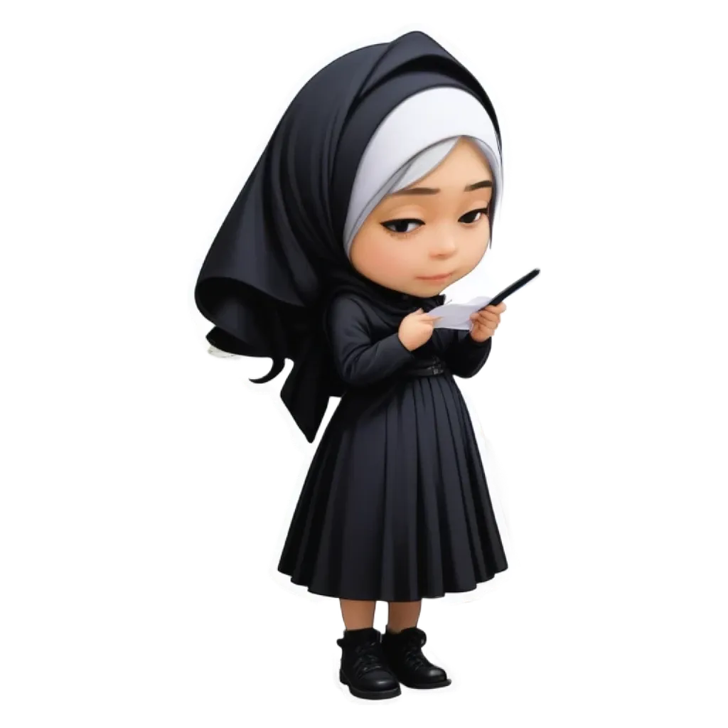 A girl reading a piece of paper is wearing a head scarf.